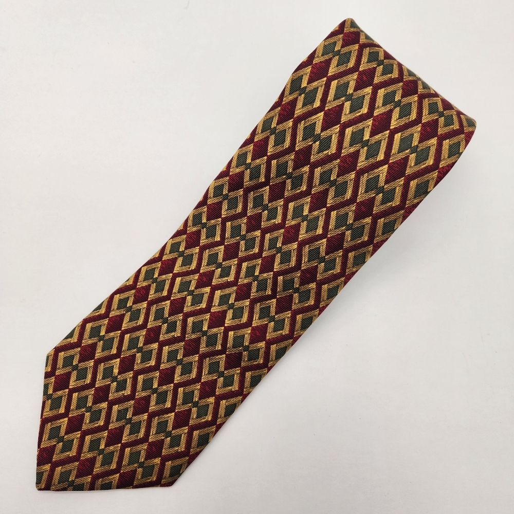 Brooks Brothers necktie red gold khaki 100% silk geometric tie preppy Made USA
